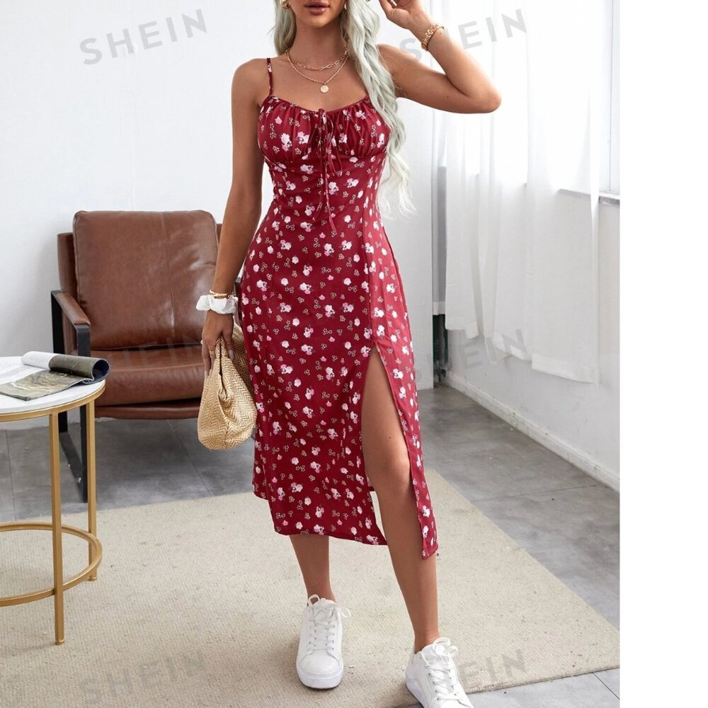 SHEIN Allover Floral Print Ruched Bust Slit Hem Cami Dress - Red Midi vacation